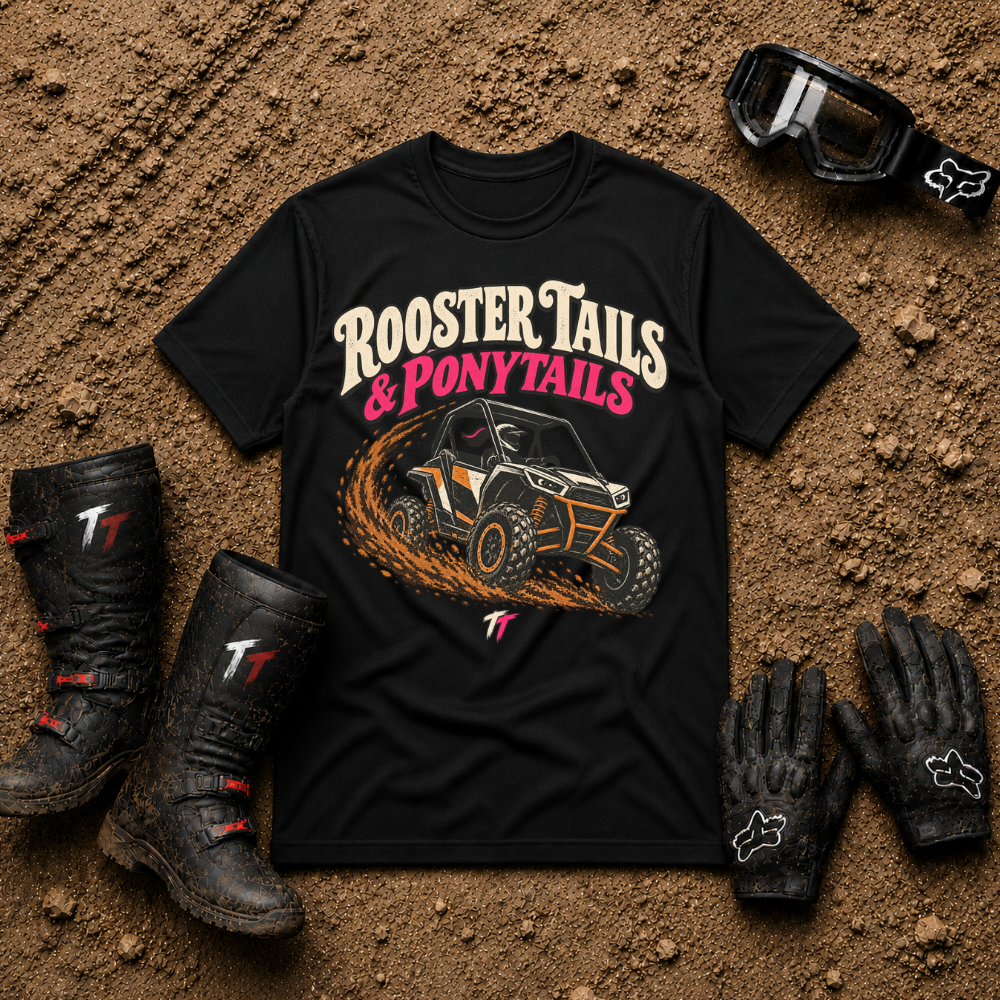 Black Rooster Tails & Ponytails women's ATV/UTV t-shirt — Tire Time Offroad