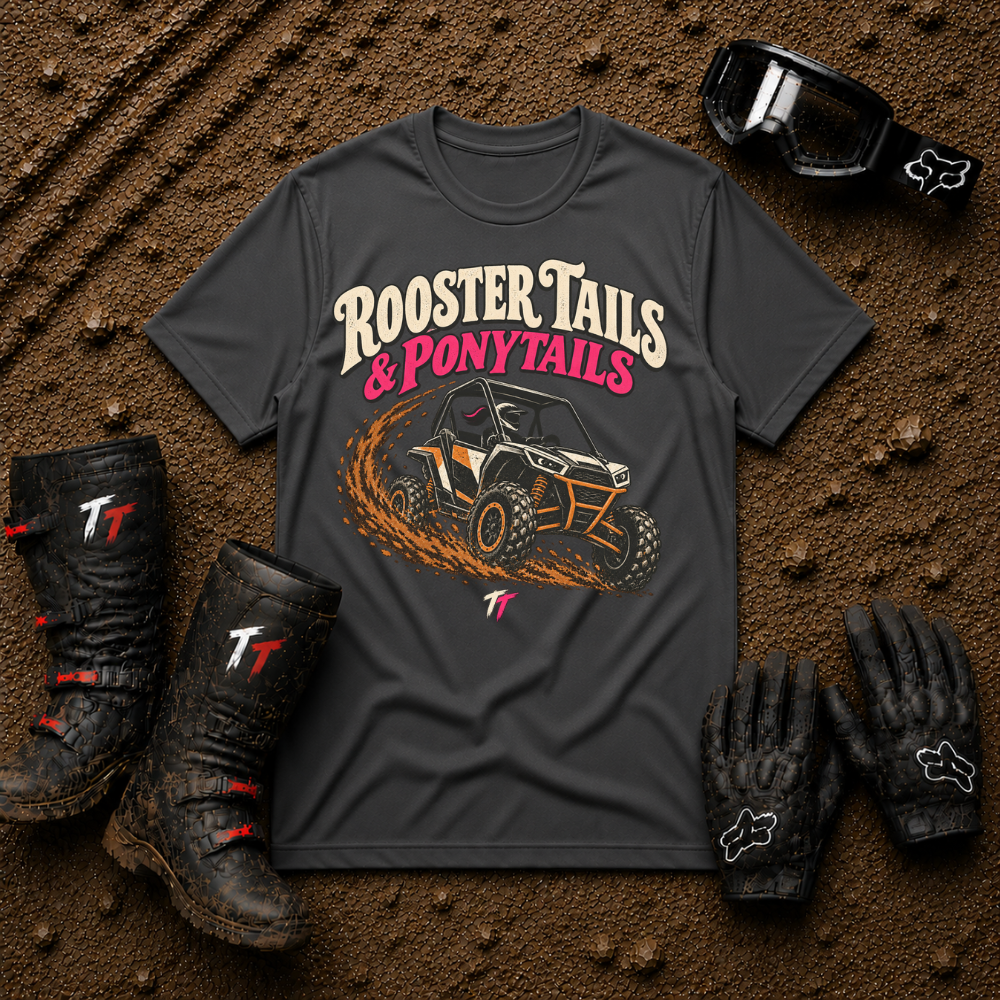 Dark heather grey Rooster Tails & Ponytails women's ATV/UTV t-shirt — Tire Time Offroad
