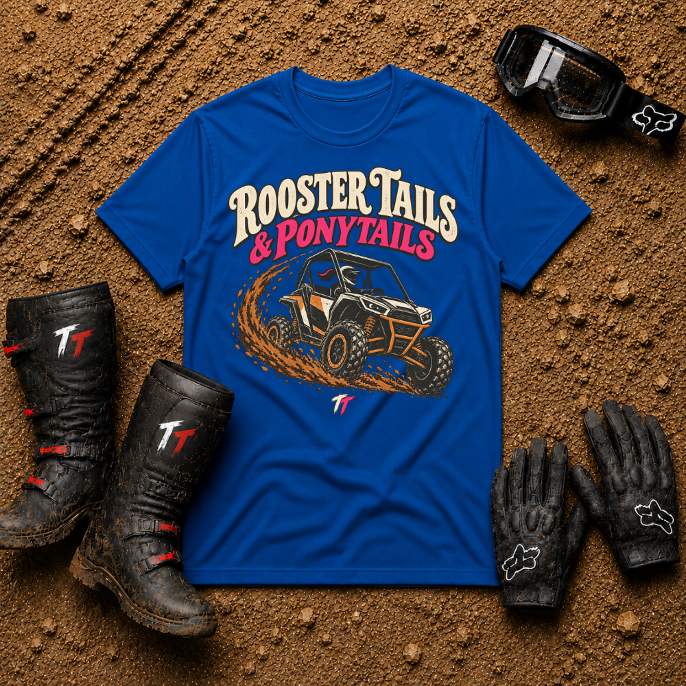 Royal blue Rooster Tails & Ponytails women's ATV/UTV t-shirt — Tire Time Offroad