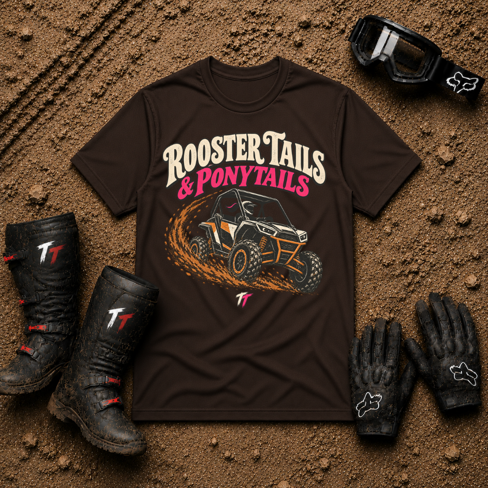 Dark chocolate Rooster Tails & Ponytails women's ATV/UTV t-shirt — Tire Time Offroad