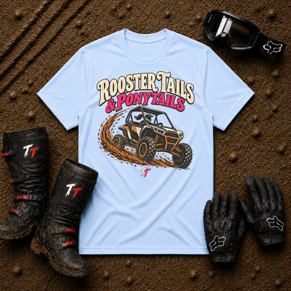 Light blue Rooster Tails & Ponytails women's ATV/UTV t-shirt — Tire Time Offroad
