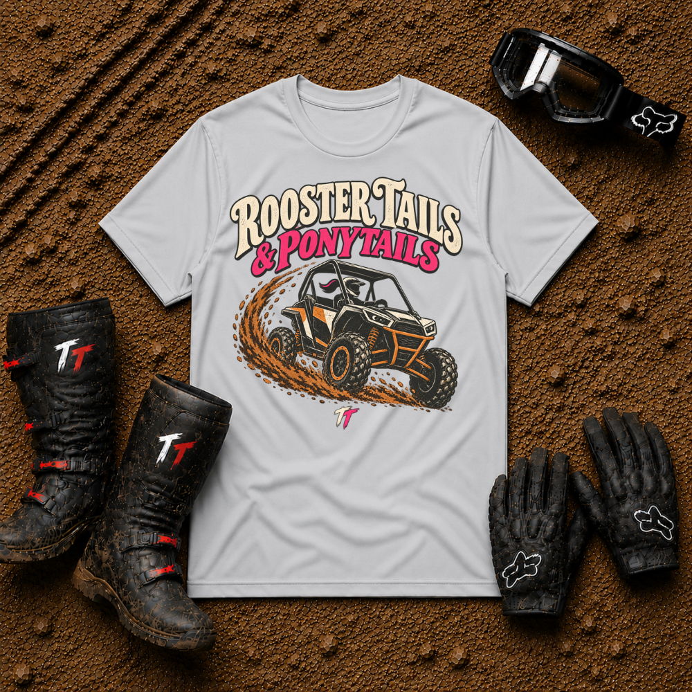 Sport grey Rooster Tails & Ponytails women's ATV/UTV t-shirt — Tire Time Offroad