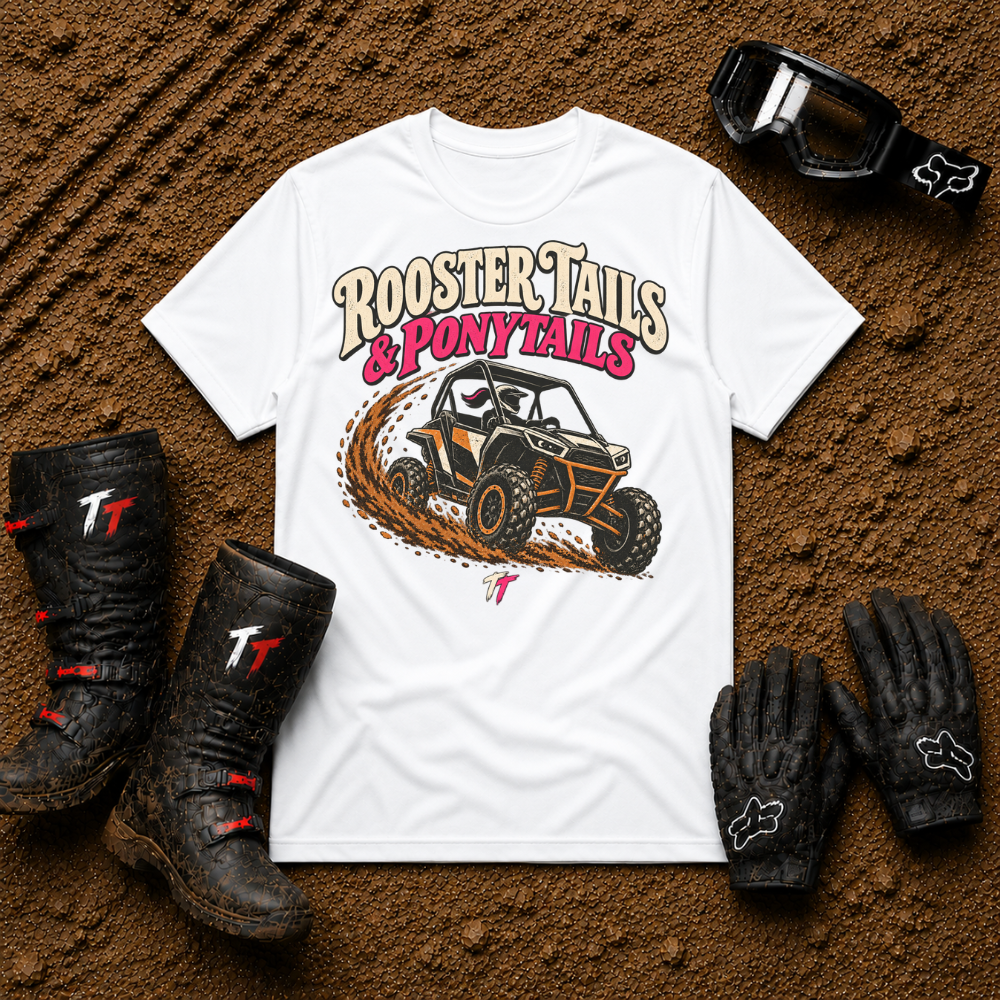 White Rooster Tails & Ponytails women's ATV/UTV t-shirt — Tire Time Offroad