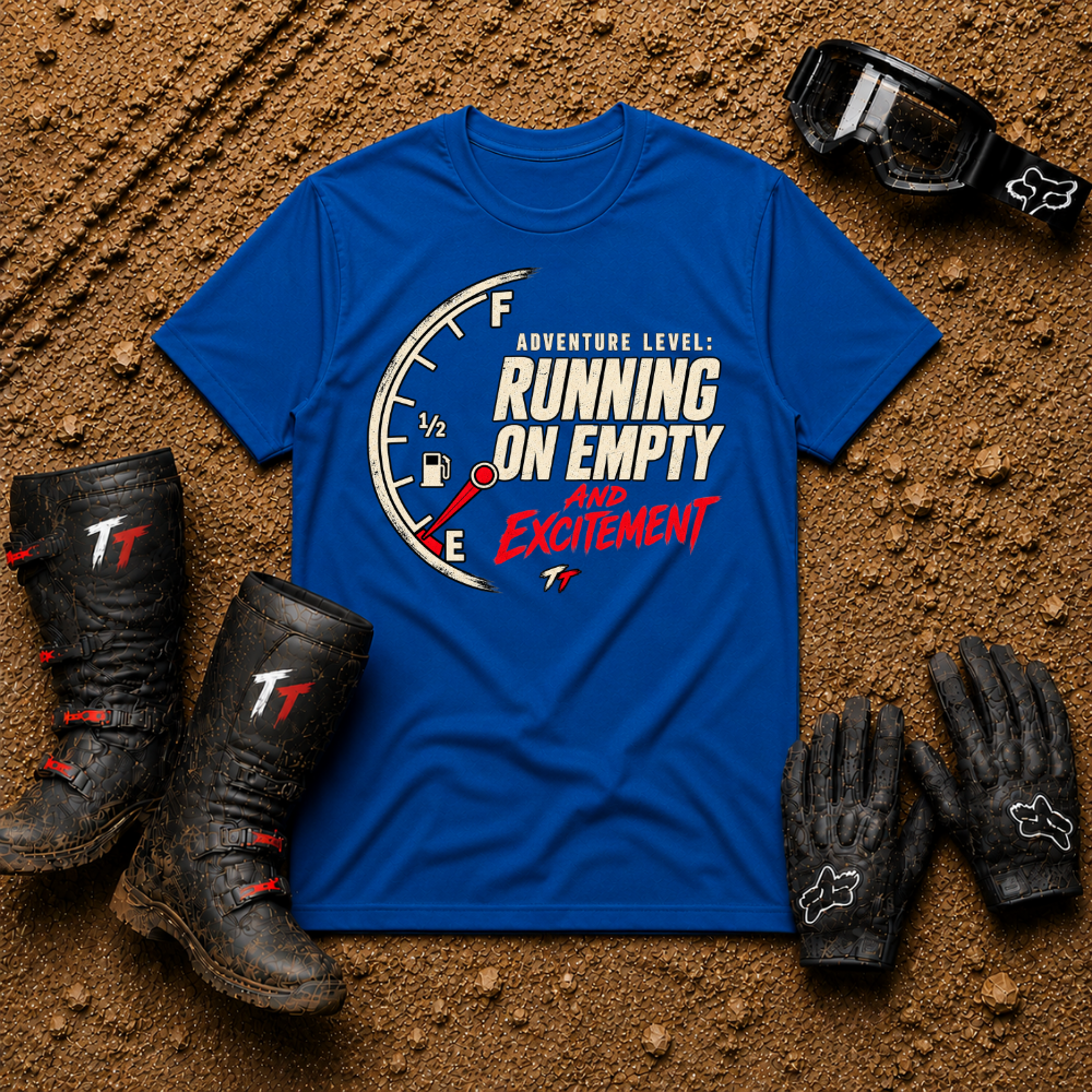 Running On Empty graphic tee in Royal Blue - off-road ATV/UTV t-shirt for trail riders