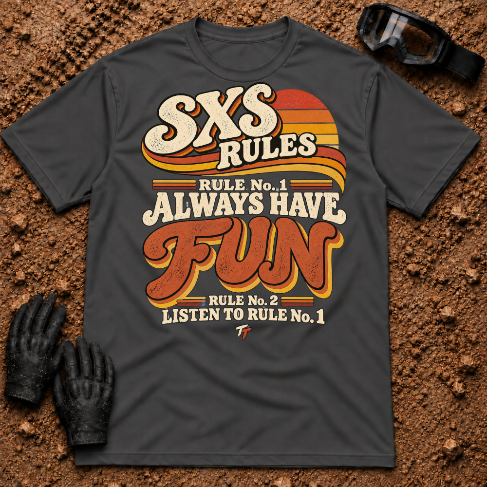 SXS Rules t-shirt in Dark Heather - Side by Side Rules: Rule #1 have fun, Rule #2 listen to Rule #1 - Tire Time Offroad