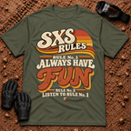 SXS Rules t-shirt in Military Green - Side by Side Rules: Rule #1 have fun, Rule #2 listen to Rule #1 - Tire Time Offroad
