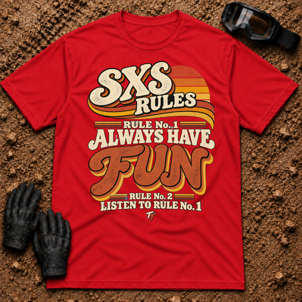 SXS Rules t-shirt in Red - Side by Side Rules: Rule #1 have fun, Rule #2 listen to Rule #1 - Tire Time Offroad