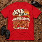 SXS Rules t-shirt in Red - Side by Side Rules: Rule #1 have fun, Rule #2 listen to Rule #1 - Tire Time Offroad