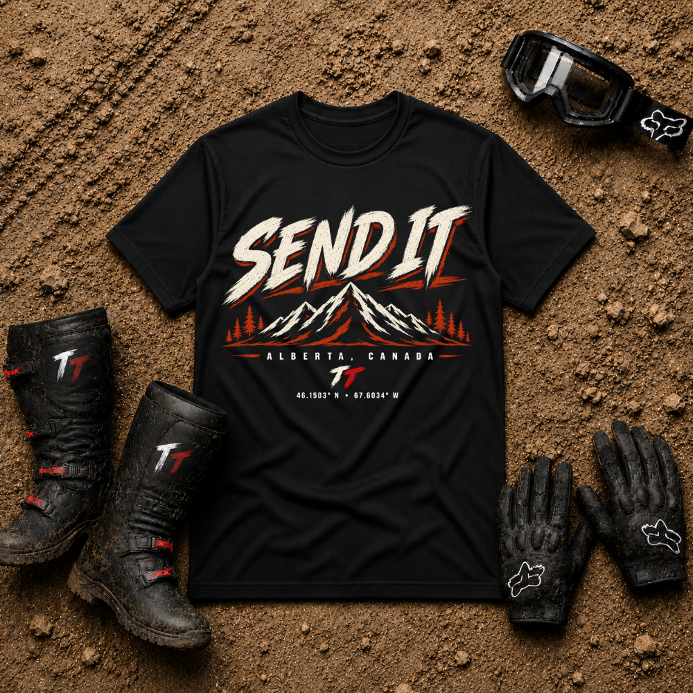 Black Send It Mountain graphic t-shirt with mountain range print, front view - Tire Time Offroad apparel