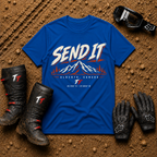 Royal blue Send It Mountain graphic t-shirt with mountain range print - Tire Time Offroad apparel