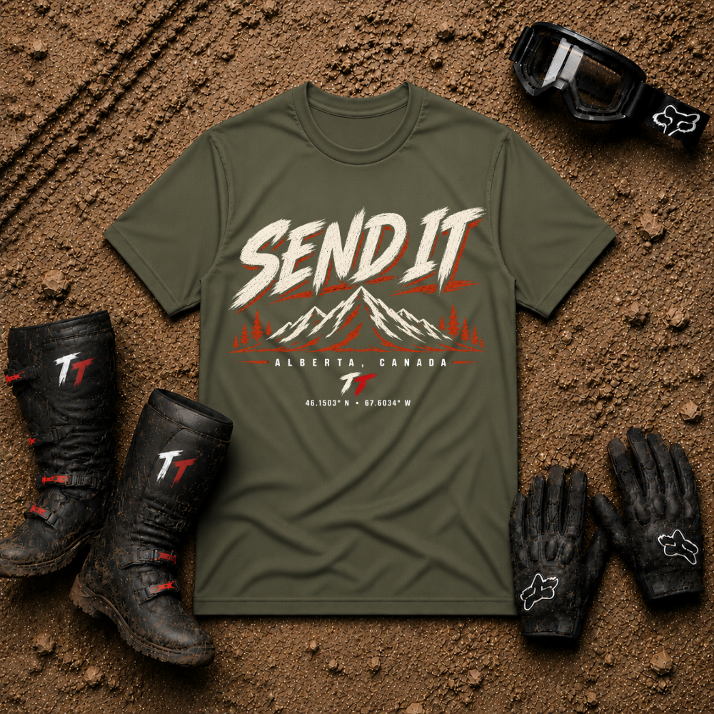 Military Green Send It Mountain graphic t-shirt with mountain range print - Tire Time Offroad apparel