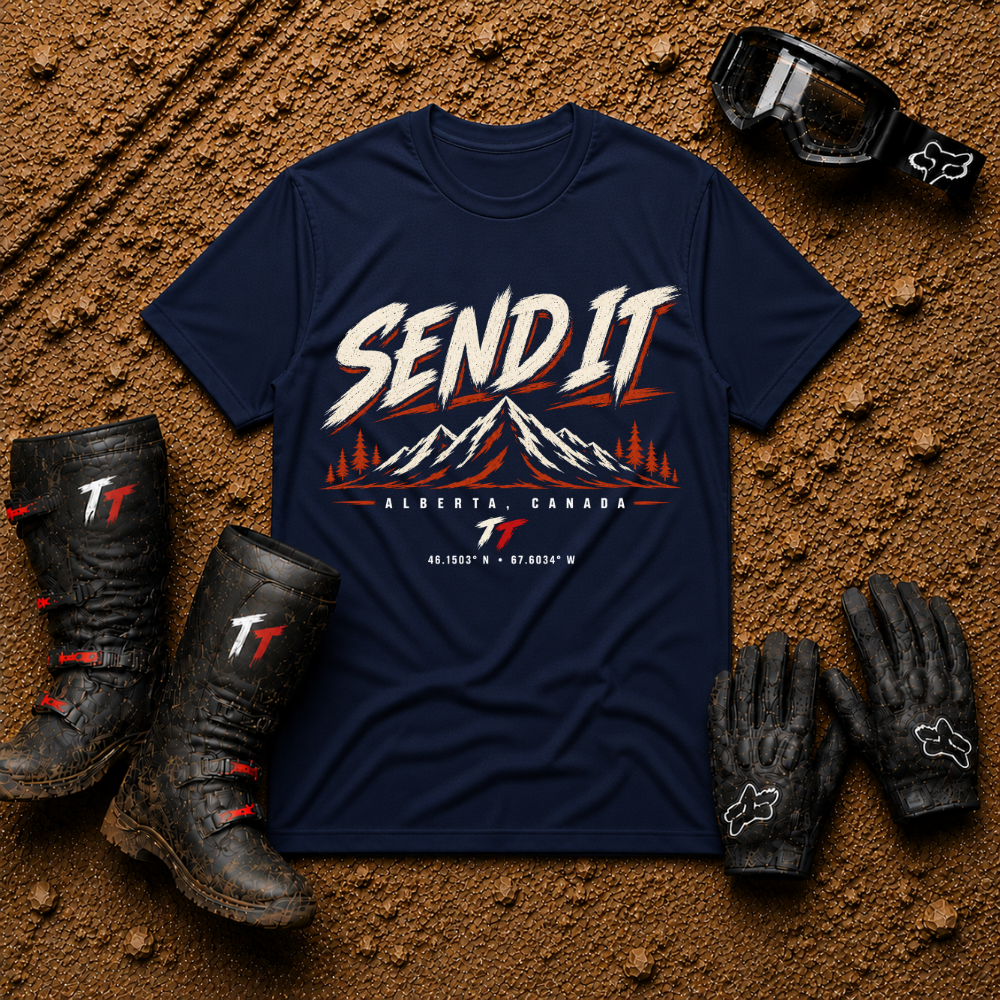 Navy Send It Mountain graphic t-shirt with mountain range print - Tire Time Offroad apparel