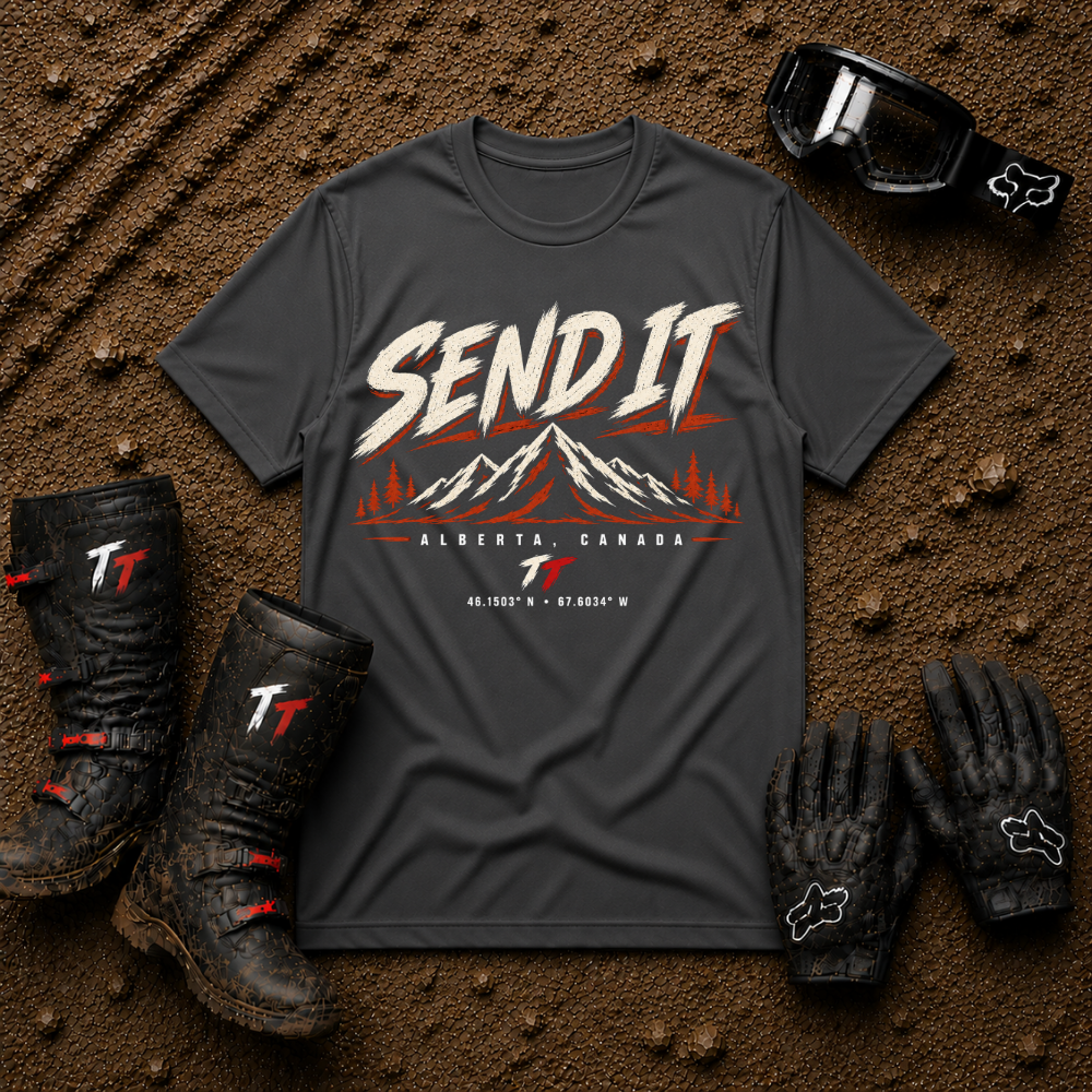 Dark Heather grey Send It Mountain graphic t-shirt with mountain range print - Tire Time Offroad apparel
