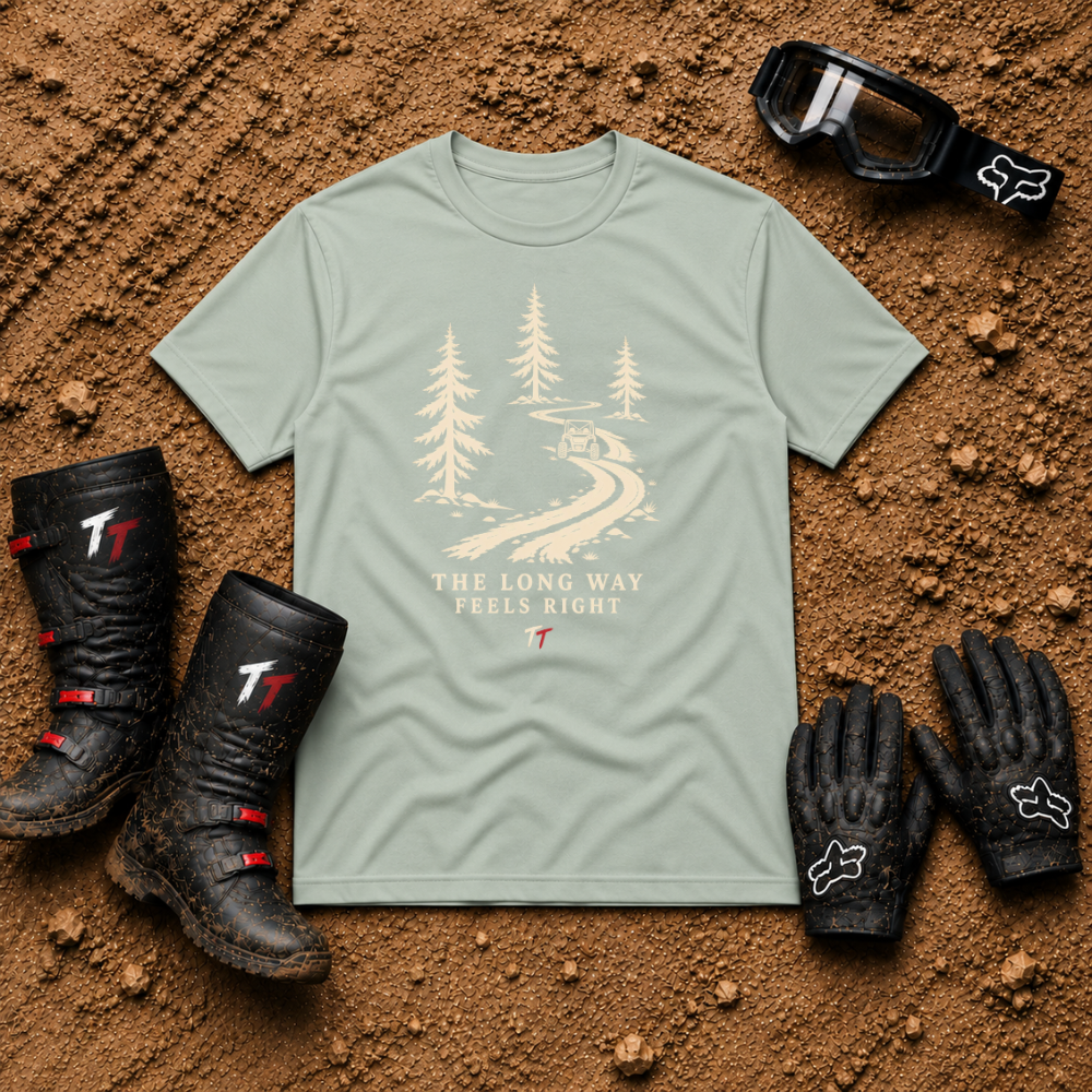 The Long Way Feels Right T-Shirt in Sage - Tire Time Offroad scenic trail tee