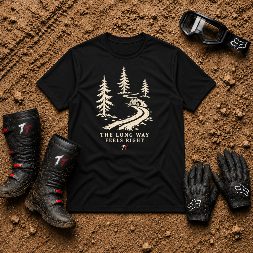 The Long Way Feels Right T-Shirt in Black - Tire Time Offroad scenic trail tee