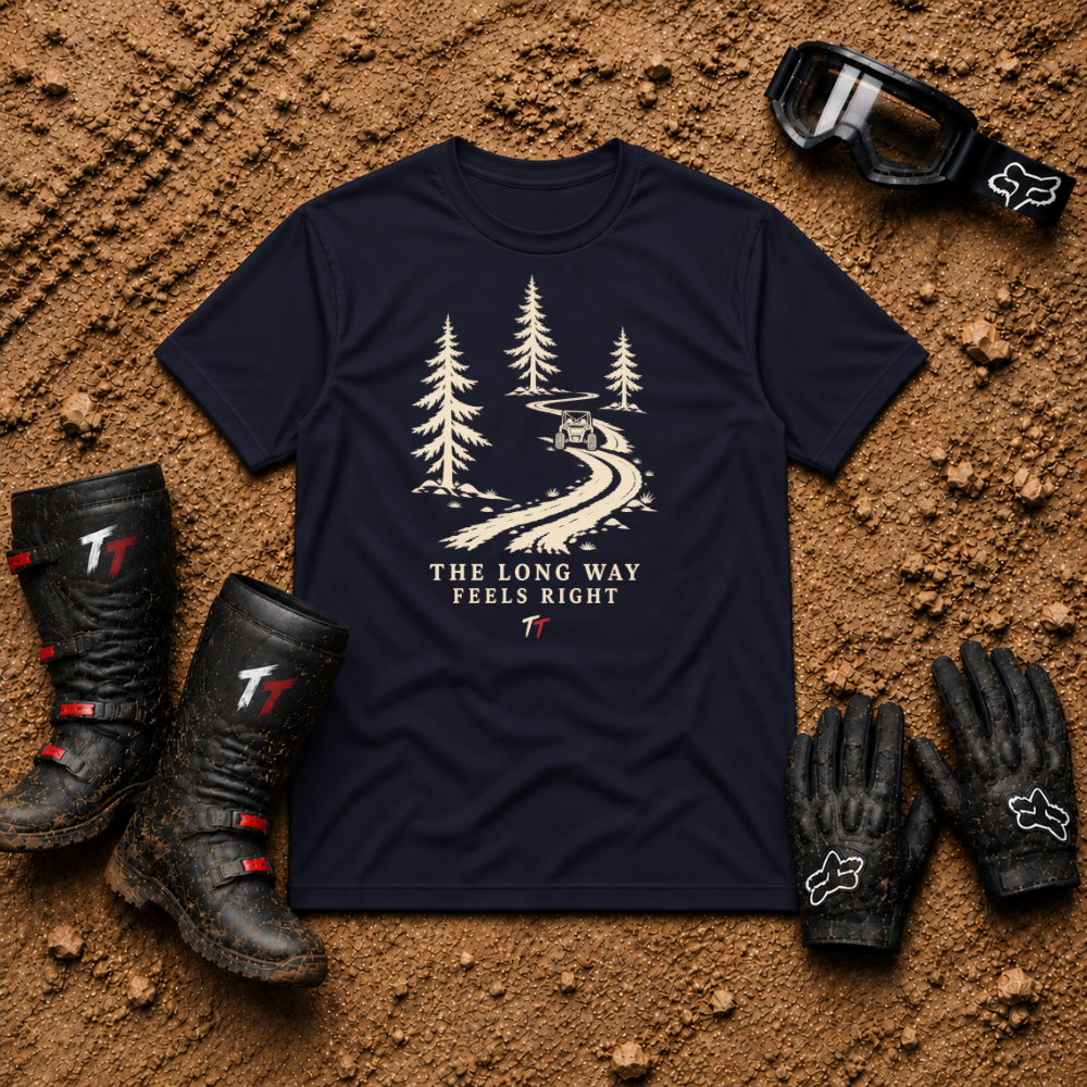The Long Way Feels Right T-Shirt in Navy - Tire Time Offroad scenic trail tee