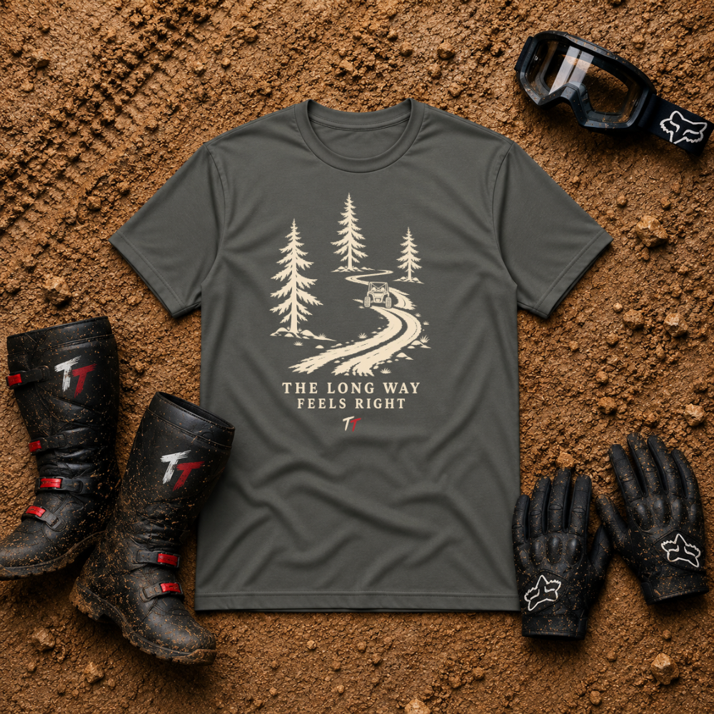The Long Way Feels Right T-Shirt in Gray - Tire Time Offroad scenic trail tee