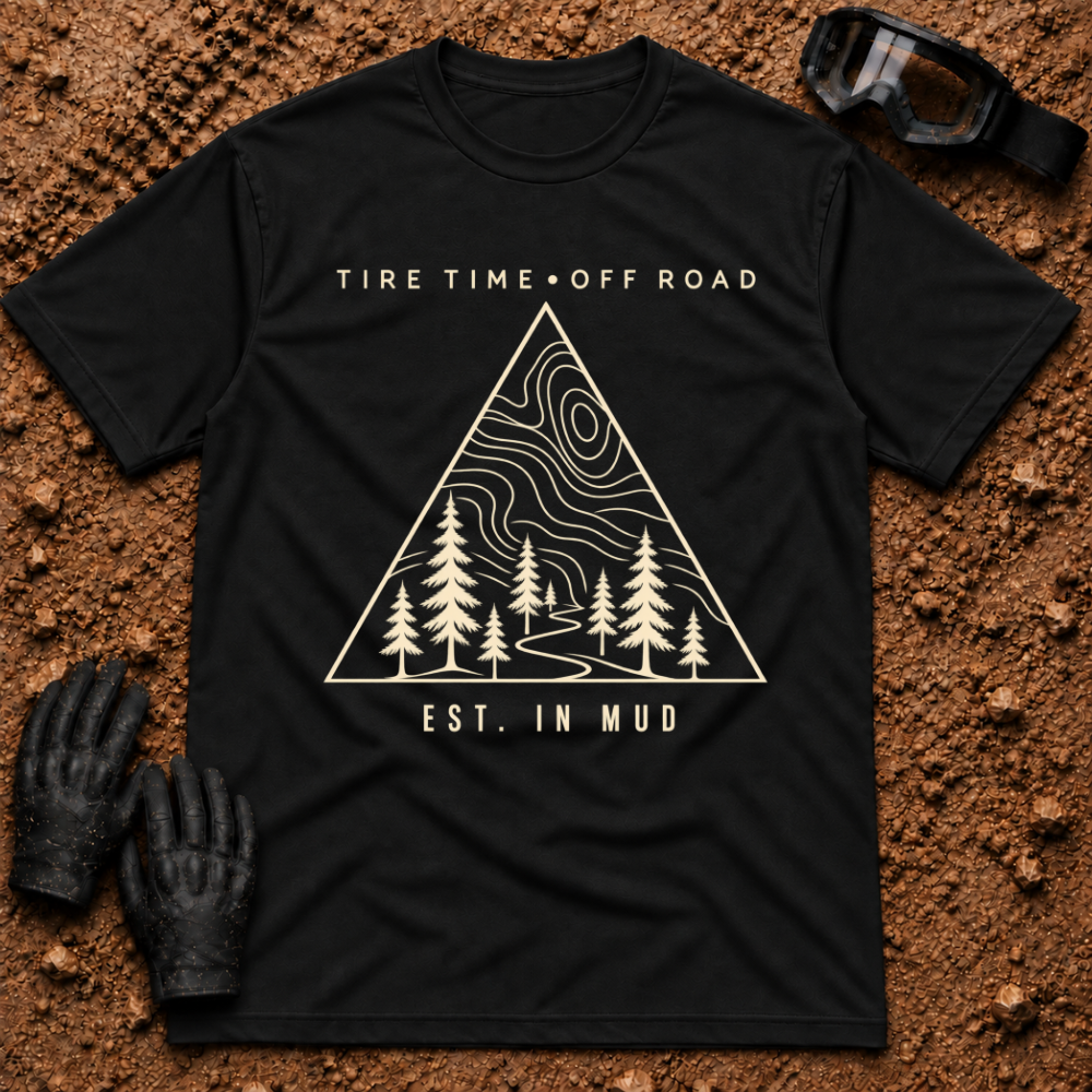 Black Off-Road Tribe t-shirt with topo map, pine trees and trail triangle badge, Est. in Mud — Tire Time Offroad ATV/UTV tee