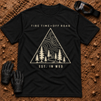 Black Off-Road Tribe t-shirt with topo map, pine trees and trail triangle badge, Est. in Mud — Tire Time Offroad ATV/UTV tee