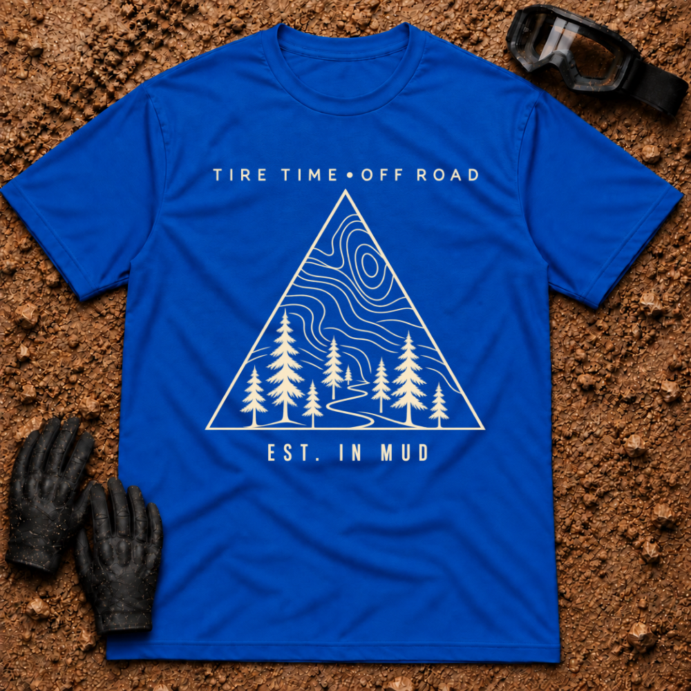 Royal blue Off-Road Tribe t-shirt with topo map, pine trees and trail triangle badge, Est. in Mud — Tire Time Offroad ATV/UTV tee