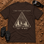 Dark chocolate Off-Road Tribe t-shirt with topo map, pine trees and trail triangle badge, Est. in Mud — Tire Time Offroad ATV/UTV tee