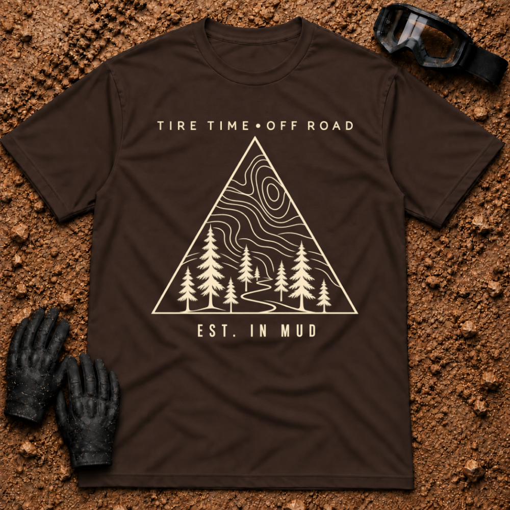 Dark chocolate Off-Road Tribe t-shirt with topo map, pine trees and trail triangle badge, Est. in Mud — Tire Time Offroad ATV/UTV tee