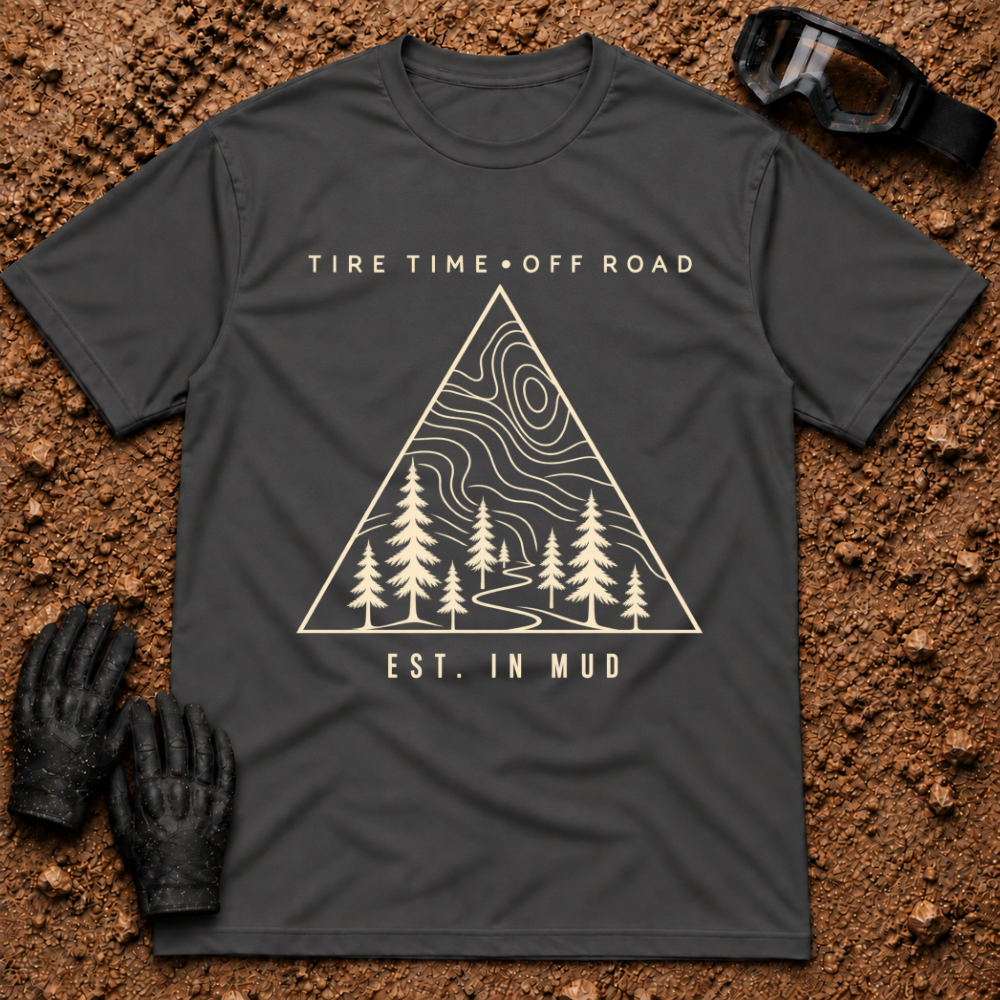 Dark heather grey Off-Road Tribe t-shirt with topo map, pine trees and trail triangle badge, Est. in Mud — Tire Time Offroad ATV/UTV tee