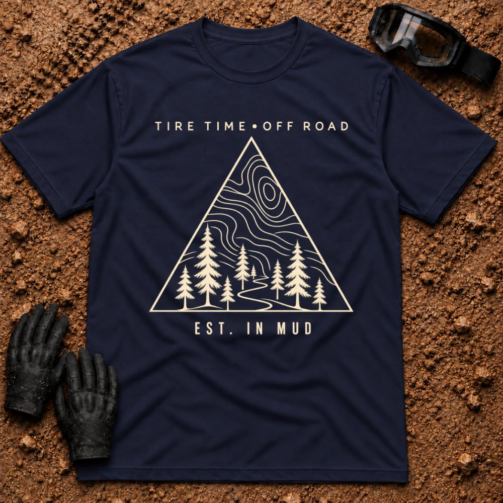Navy Off-Road Tribe t-shirt with topo map, pine trees and trail triangle badge, Est. in Mud — Tire Time Offroad ATV/UTV tee
