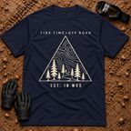 Navy Off-Road Tribe t-shirt with topo map, pine trees and trail triangle badge, Est. in Mud — Tire Time Offroad ATV/UTV tee
