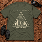 Military green Off-Road Tribe t-shirt with topo map, pine trees and trail triangle badge, Est. in Mud — Tire Time Offroad ATV/UTV tee
