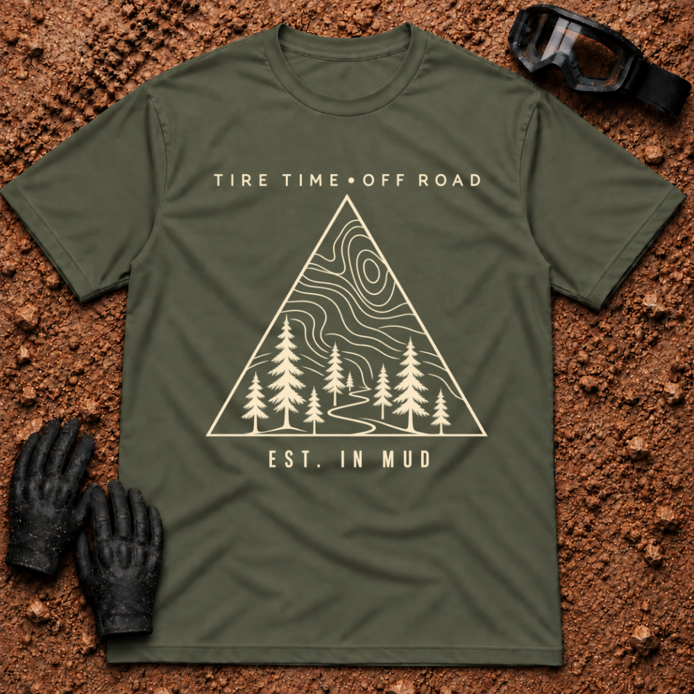 Military green Off-Road Tribe t-shirt with topo map, pine trees and trail triangle badge, Est. in Mud — Tire Time Offroad ATV/UTV tee
