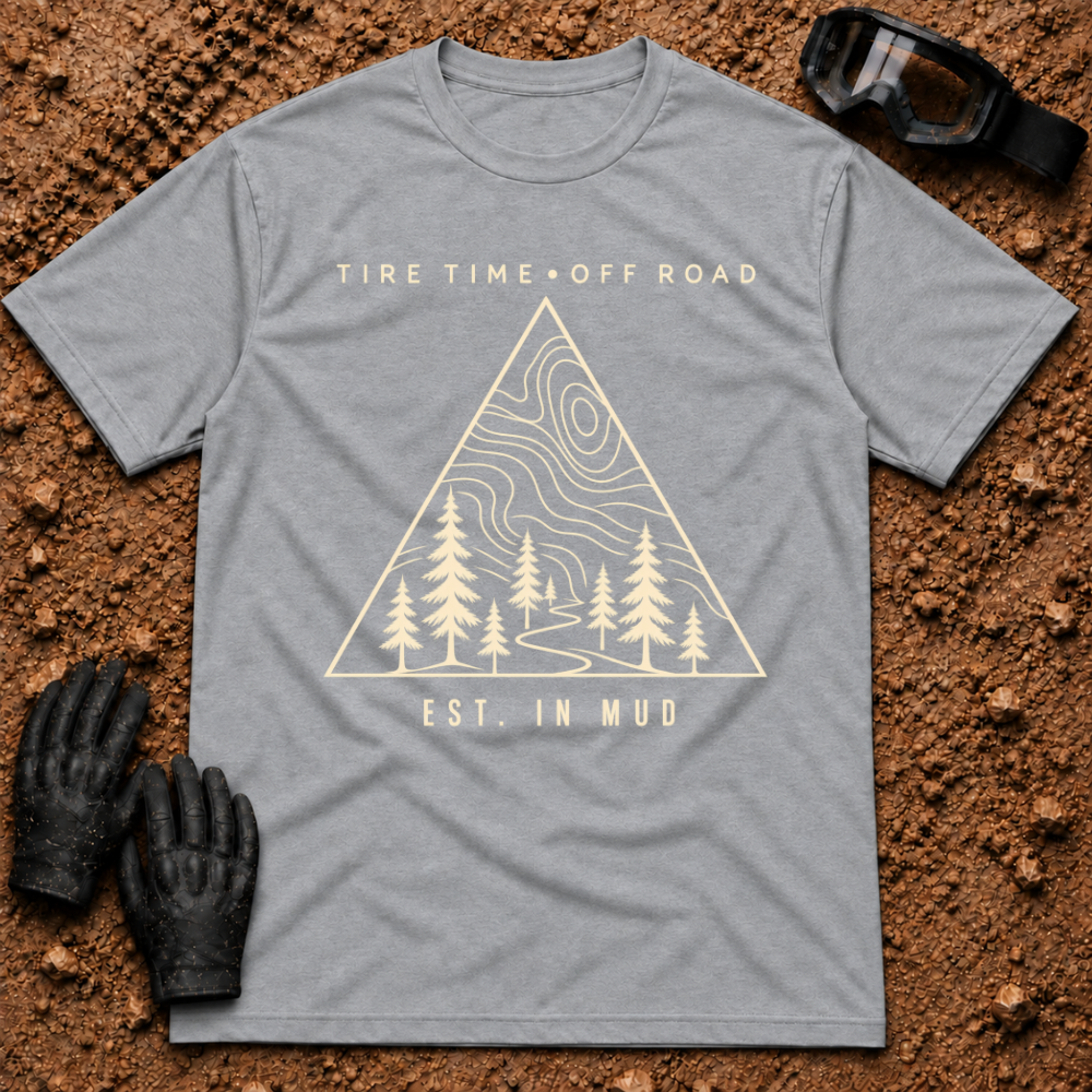 Sport grey Off-Road Tribe t-shirt with topo map, pine trees and trail triangle badge, Est. in Mud — Tire Time Offroad ATV/UTV tee