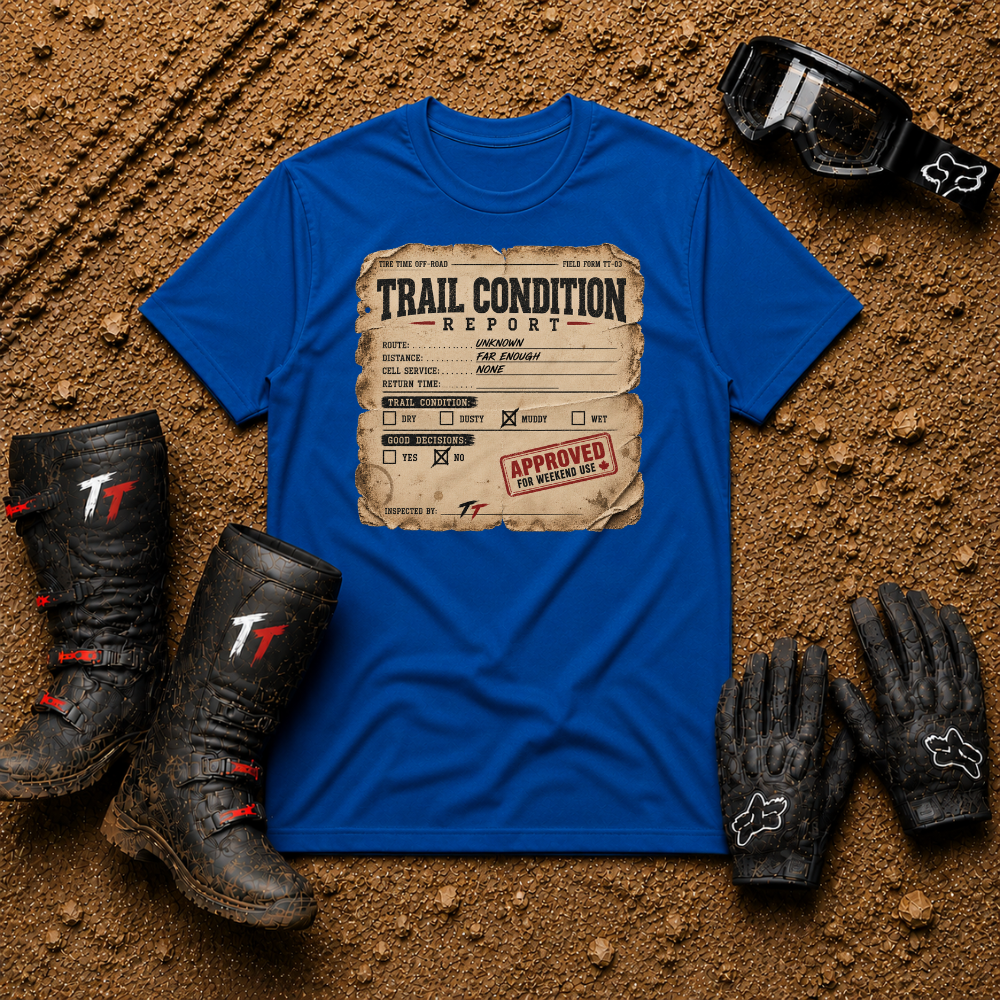 Trail Condition Report graphic tee in Royal Blue - off-road ATV/UTV t-shirt