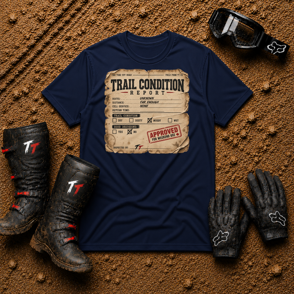 Trail Condition Report graphic tee in Navy Blue - off-road ATV/UTV t-shirt for trail riders