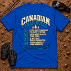 Royal blue Canadian Trail Rules funny t-shirt with numbered off-road trail rules and pine trees — Tire Time Offroad ATV/UTV tee