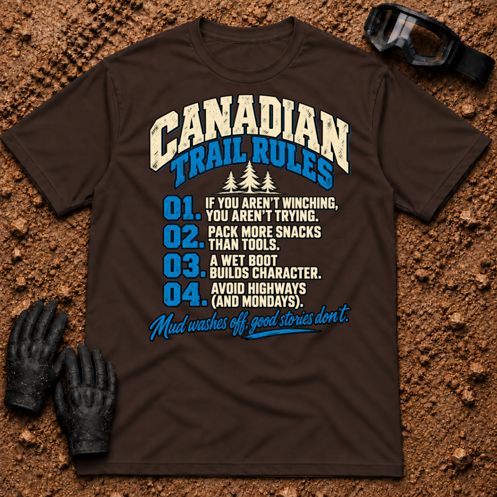 Dark chocolate Canadian Trail Rules funny t-shirt with numbered off-road trail rules and pine trees — Tire Time Offroad ATV/UTV tee