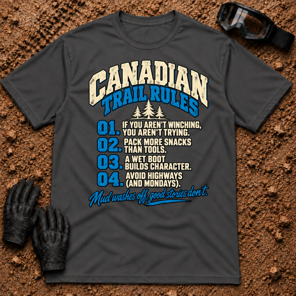 Dark heather grey Canadian Trail Rules funny t-shirt with numbered off-road trail rules and pine trees — Tire Time Offroad ATV/UTV tee