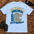 Light blue Canadian Trail Rules funny t-shirt with numbered off-road trail rules and pine trees — Tire Time Offroad ATV/UTV tee