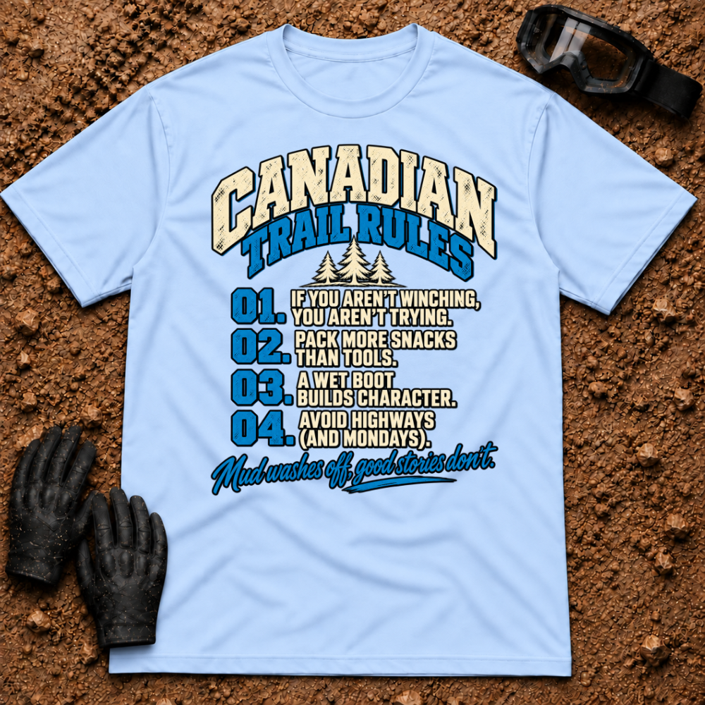Light blue Canadian Trail Rules funny t-shirt with numbered off-road trail rules and pine trees — Tire Time Offroad ATV/UTV tee
