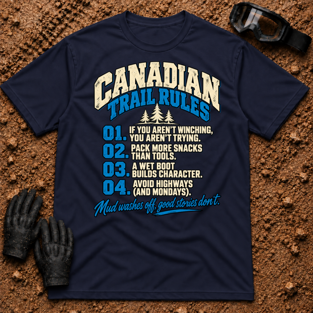 Navy Canadian Trail Rules funny t-shirt with numbered off-road trail rules and pine trees — Tire Time Offroad ATV/UTV tee
