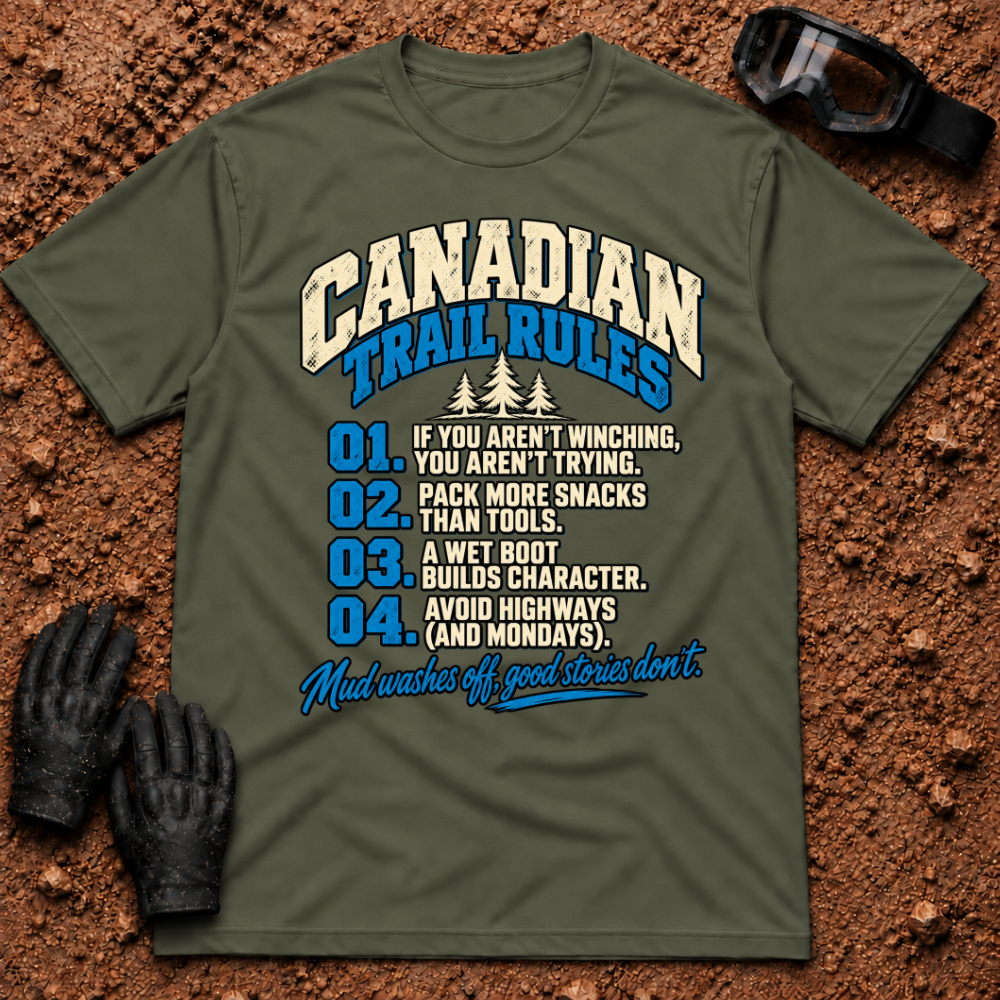 Military green Canadian Trail Rules funny t-shirt with numbered off-road trail rules and pine trees — Tire Time Offroad ATV/UTV tee