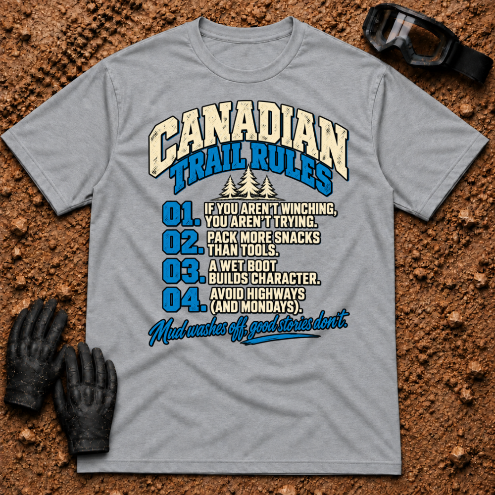 Sport grey Canadian Trail Rules funny t-shirt with numbered off-road trail rules and pine trees — Tire Time Offroad ATV/UTV tee