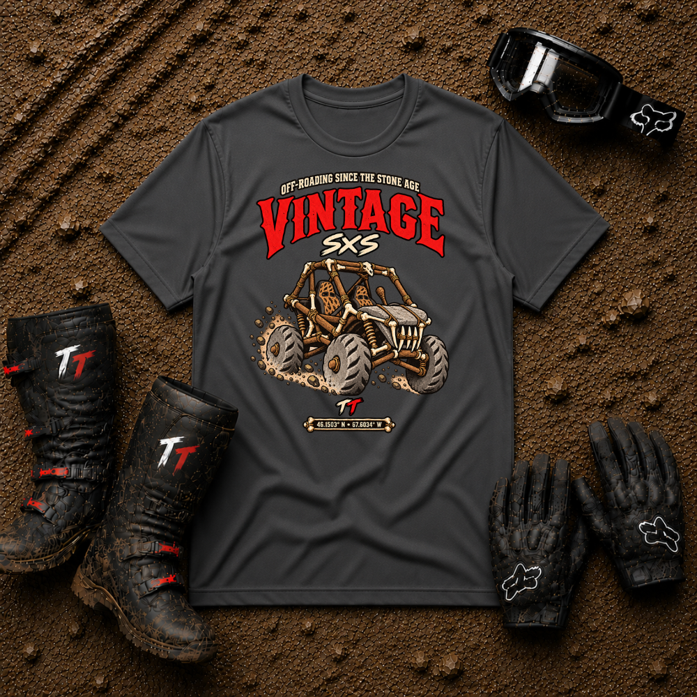 Vintage Stone Age Side By Side T-Shirt in Dark Heather grey - retro off-road graphic tee for ATV/UTV riders