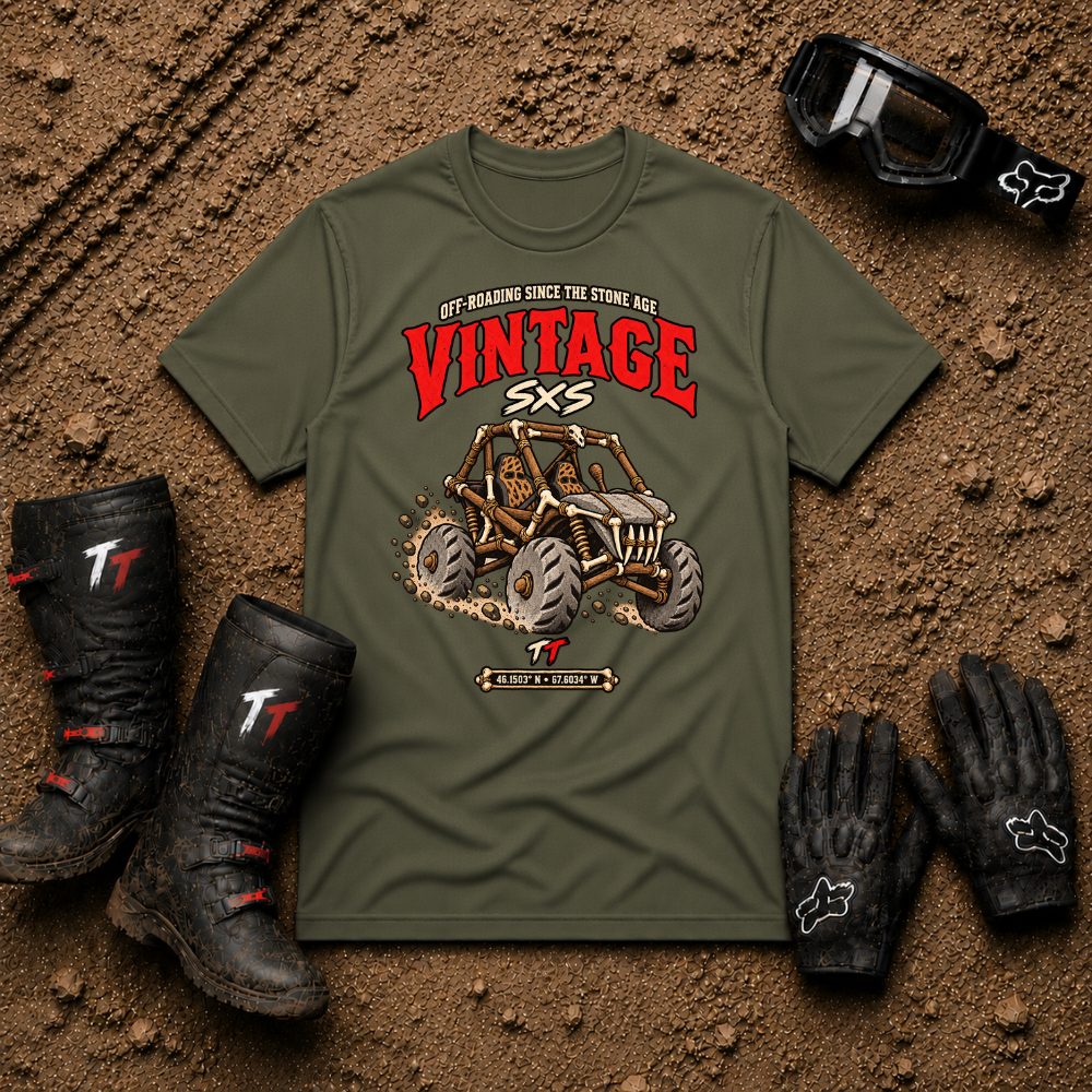 Vintage Stone Age Side By Side T-Shirt in Military Green - retro off-road graphic tee for ATV/UTV riders