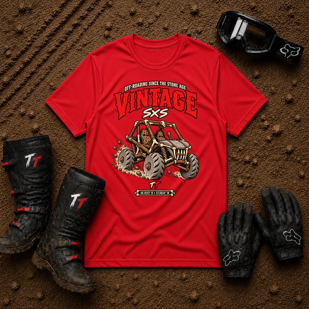 Vintage Stone Age Side By Side T-Shirt in Red - retro off-road graphic tee for ATV/UTV riders