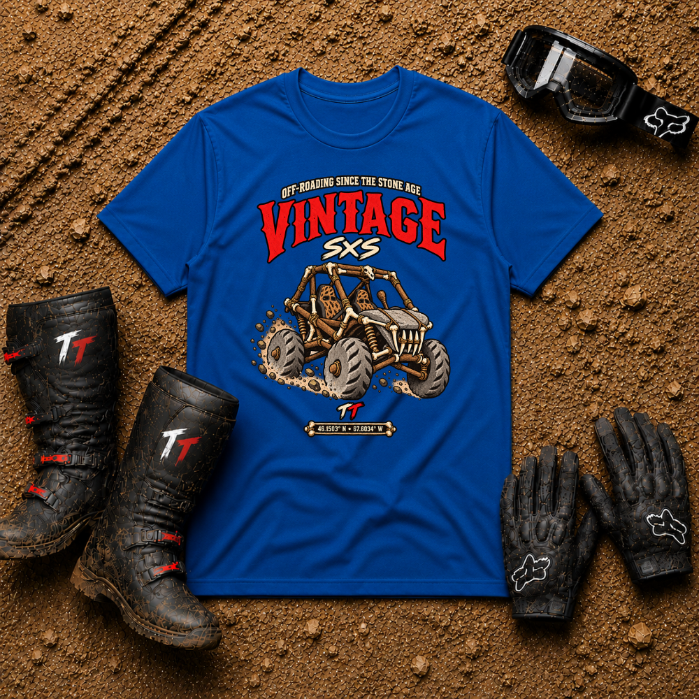 Vintage Stone Age Side By Side T-Shirt in Royal blue - retro off-road graphic tee for ATV/UTV riders