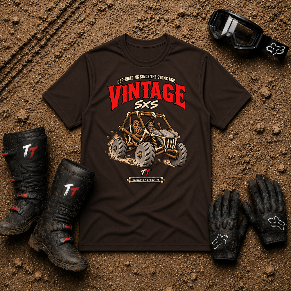 Vintage Stone Age Side By Side T-Shirt in Dark Chocolate brown - retro off-road graphic tee for ATV/UTV riders