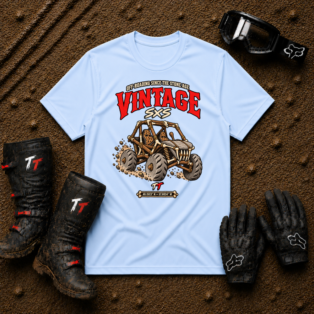 Vintage Stone Age Side By Side T-Shirt in Light Blue - retro off-road graphic tee for ATV/UTV riders