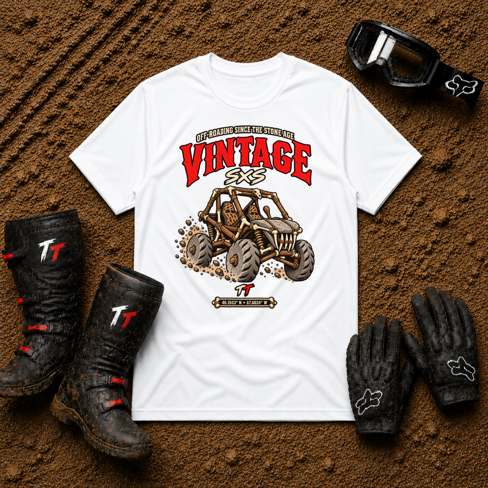 Vintage Stone Age Side By Side T-Shirt in White - retro off-road graphic tee for ATV/UTV riders