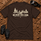 Dark Chocolate We Went For A Ride T-Shirt with a side-by-side on a winding pine trail and Came Back With A Story tagline — Tire Time Offroad ATV/UTV tee